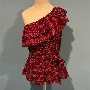Maeve by Anthropologie Rita Ruffled One-Shoulder Top Medium Wine Polka Dot